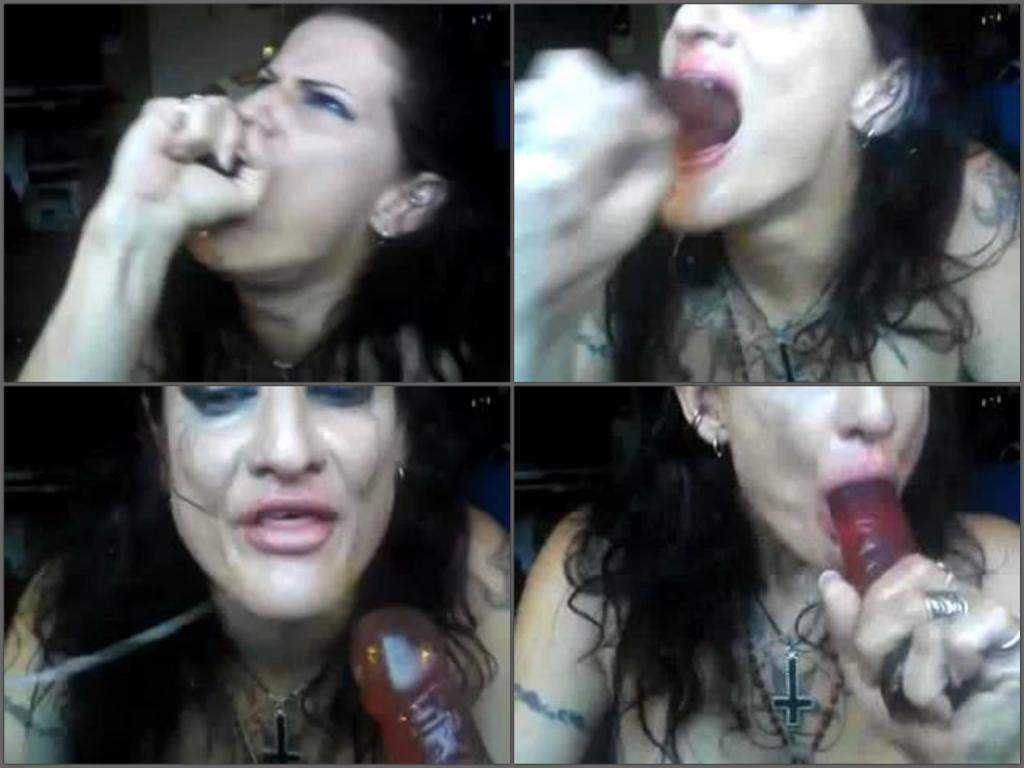Goth milf insertion long dildo in her throat webcam show