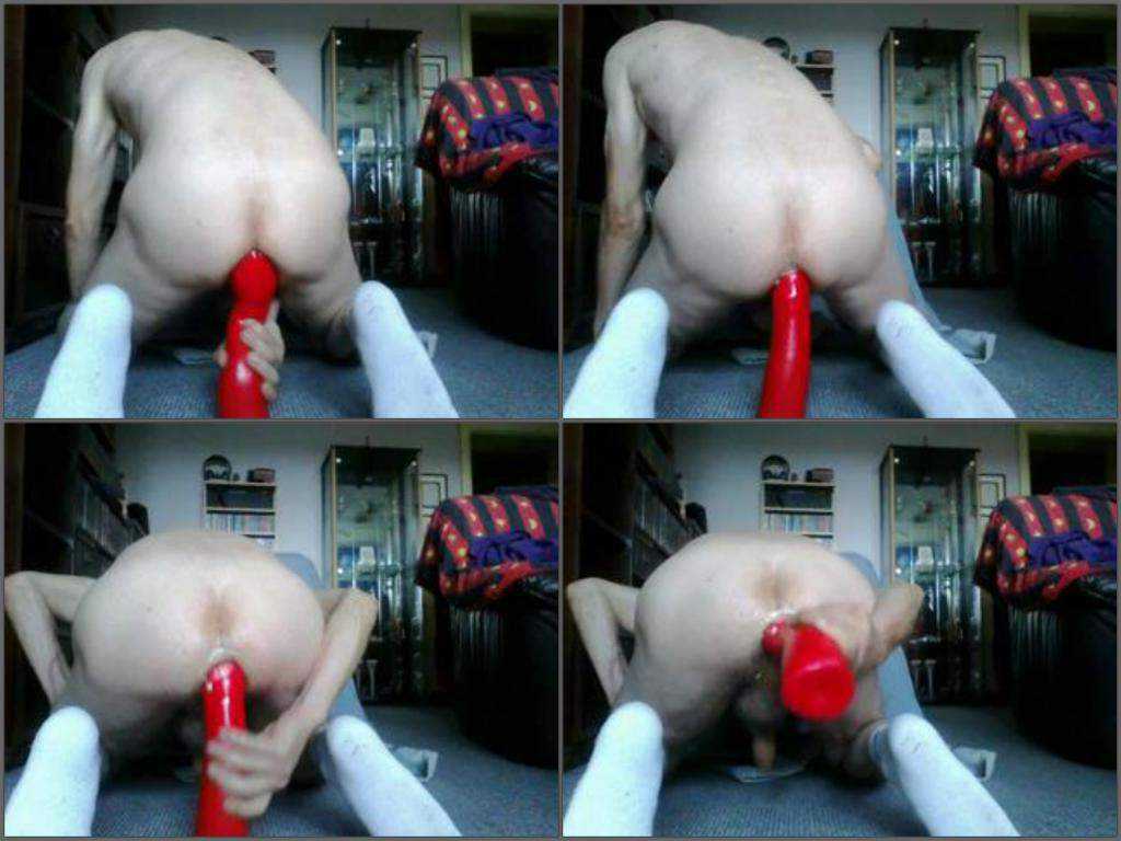 Male solo penetration giant red dildo in ass