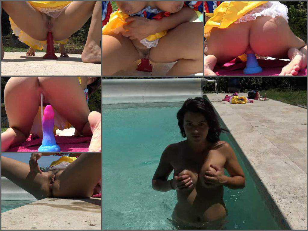 Big tits brunette outdoor dragon dildo rides and creampie vaginal
