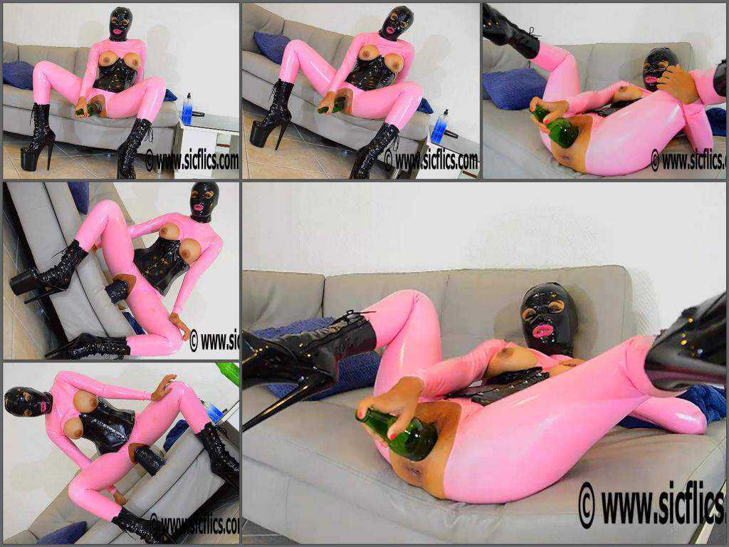Masked rubber girl penetration monster dildo and bottle in pussy