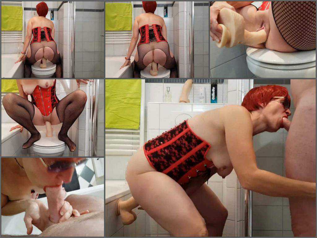 Close up – Redhead dirty old wife rides on a big dildo in the bathroom
