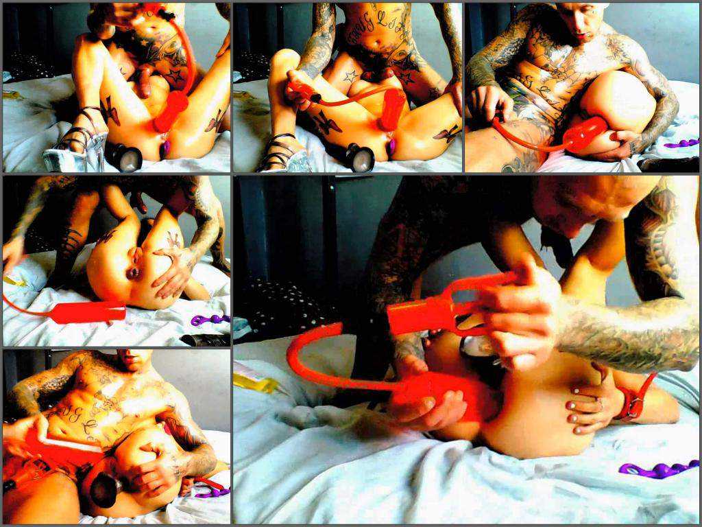 Anal insertion – Girl gets dildo penetration during anal pump with insane tattooed male