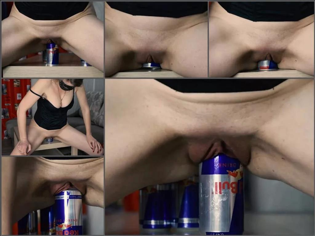 Can penetration – Russian blonde wife very closeup rides on a redbull tin