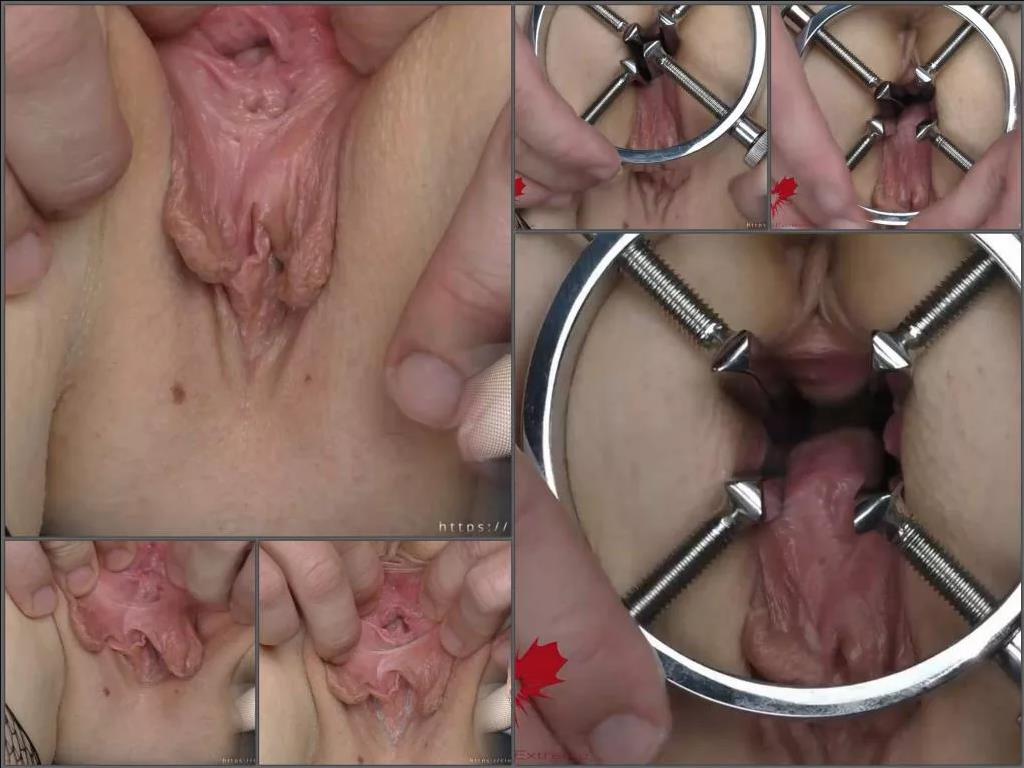 Large labia – Close Up Extreme spread with hole expander homemade